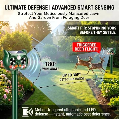 4Pack Upgraded Deer Repellent Devices Solar Ultrasonic Animal Repellent Outdoor with Motion Sensor Strobe Light for Squirrel Raccoon Rabbit Cat Bird Volume Control Keep Pests Out of Yard Farm
