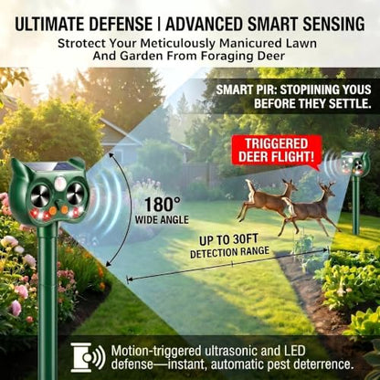 4Pack Upgraded Deer Repellent Devices Solar Ultrasonic Animal Repellent Outdoor with Motion Sensor Strobe Light for Squirrel Raccoon Rabbit Cat Bird Volume Control Keep Pests Out of Yard Farm
