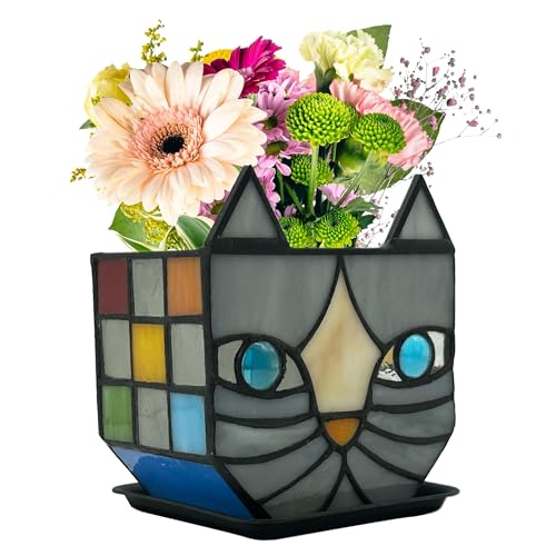 Unique Stained Glass Gray Cat Planter, Plant Pots Indoor,Indoor Flower Pots with Drainage,Window Sill Cat Decoration Gift,4.6x5.15x3IN - color: Grey-white