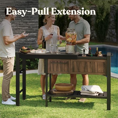 Keter Extendable Outdoor Bar Cart with Hidden Cooler, Storage Drawers & Prep Surface – Mobile Patio Serving Station with Drainage Kit & Hidden Wheels for Backyard, Garden & Poolside Entertaining - color: Extendable Bar Cart Rosewood