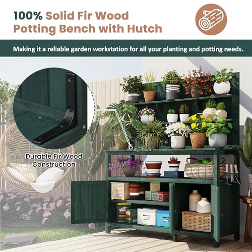 Christopher Knight Home Belfast 50.20" W Outdoor Potting Bench Table, Fir Wood Potting Table, Large Gardening Workstation with Storage Shelf, Ample Space Garden Tools Organizer for Backyard, Green