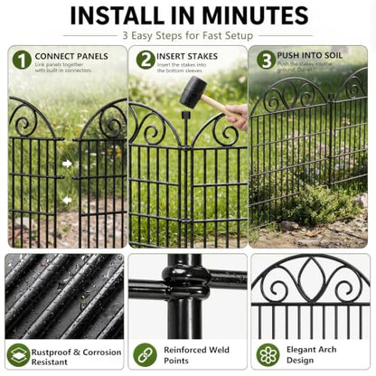 No Dig Garden Fence Outdoor for Yard, 10 Panels with Gate - size: 34 in(H) X 22 ft(L)