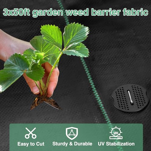 PAMASE Landscape Weed Barrier Fabric - 20pcs Tear-Proof Gaskets, 20pcs Garden Stakes, Pick Hook, 3.2oz Heavy Duty Outdoor Ground Cover Weed Cloth Control - 3 x 50ft - size: 3 x 50ft