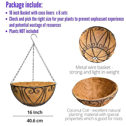 LaLaGreen Wire Hanging Baskets (16 in, 6 Pack) Black Coco Liner Flower Pots - size: 16" (41 cm) x 6 Pack