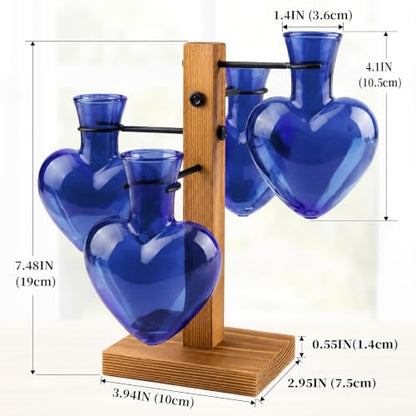 Plant Terrarium Propagation Station with 4 Heart Glass Vases - Deep Blue - color: Deep Blue