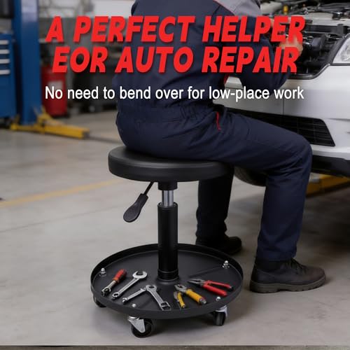 Rolling Mechanic Stool with Wheels Pneumatic Garage Shop Seat,Black - color: Black