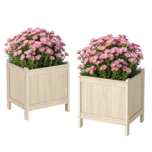 LUE BONA Outdoor Plant Pots Set of 2, 13.8" x 12.6" x 14.6" HDPS Flower Pots with Drainage Holes, Outdoor Planter Box for Outdoor Plants - Porch Patio, Garden or Entryway, Light Oak - color: Light Oak