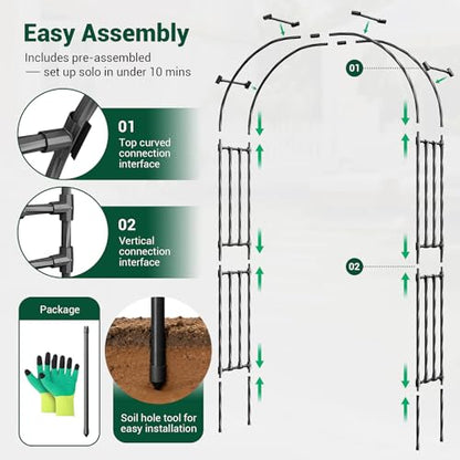 Miory Garden Arch Trellis for Climbing Plants, 1.3x7.9ft Steel with UV-Resistant PE Coating Arbor Outdoor, Vertical Support for Vines Flowers Vegetable, Wedding Archway (Black) - size: 1.3x7.9 ft
