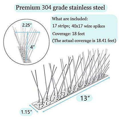 PANGCH Bird Spikes,Stainless Steel Bird Spikes Metal Bird Spikes Fence Spikes Easy to Install - 17 Strips 18.41 Feet Coverage - size: 18.41 Feet
