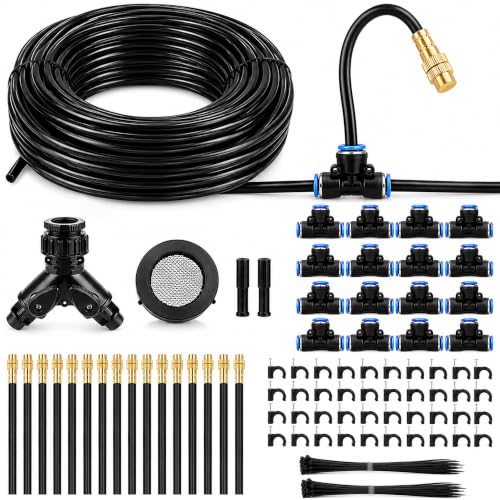 Garden Misting System, 100FT 1/4" Irrigation Tubing with 16 Adjustable Brass Sprinkler Heads, 360° Micro Sprinkler Watering Kit for Raised Beds, Vegetable Garden, Greenhouse & Outdoor Plants - size: 100FT