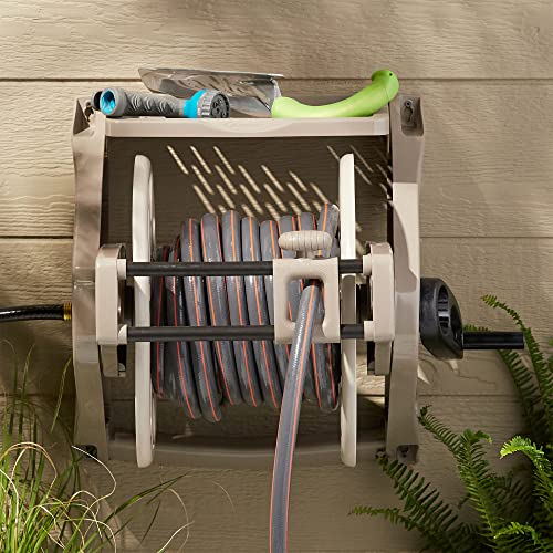 Suncast Slide Trak Garden Hose Reel, Wall-Mount Holder with Storage Tray, Dark Taupe - Outdoor Mounted Organizer for 175 Ft of 5/8" Standard Vinyl Water Hoses in Lawn and Yard