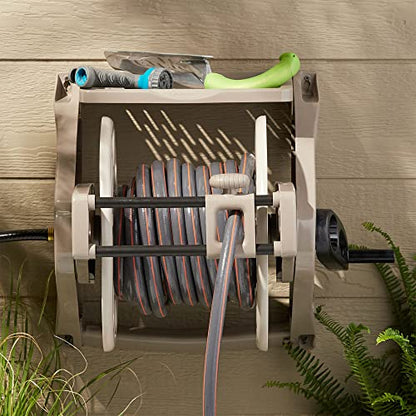Suncast Slide Trak Garden Hose Reel, Wall-Mount Holder with Storage Tray, Dark Taupe - Outdoor Mounted Organizer for 175 Ft of 5/8" Standard Vinyl Water Hoses in Lawn and Yard