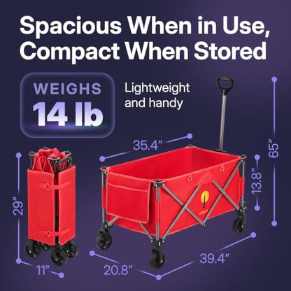 39" L Collapsible Wagon with All-Terrain Wheels, 460 lbs Foldable Cart with Detachable Flashlight, Pockets & Flexible Steering Handle, Red Utility Heavy Duty Folding Beach Wagons Carts - color: Red