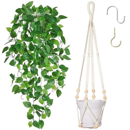 Artificial Hanging Plants with Boho Macrame Plant Hanger - Fake Ivy Vines in Pot for Wall, Bedroom Home Faux Greenery for Indoor Outdoor Decor (1 Pack)