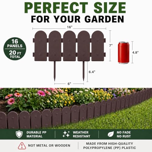 Evelyne Garden Border Plastic Edging: Wooden Fence Design - 16pcs Brown Yard Landscaping Fence Liner Lawn Edge Barrier - 20ft Kit of Decorative Lawn Panels Elements -Landscaping Edging-GMT-10374-A16 - color: Brown, size: 20ft.