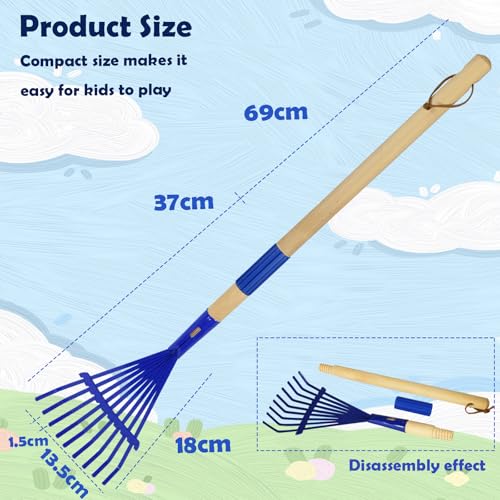 Kids Leaf Rake-Small Wooden Handle Leaf Rake with Metal Tines, 27inches /69cm Length, for Kids Enjoy Garden Cleaning Activities (Blue) - color: Blue