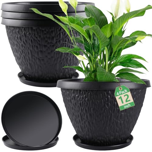 Nooulap 12 inch Plant Pots Outdoor Indoor, 4 Pack, Black - color: Black Pebbles, size: 12 Inch