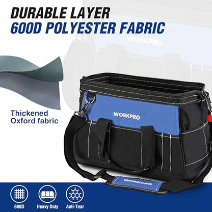 WORKPRO 16-inch Wide Mouth Tool Bag with Water-Proof Molded Base - color: Blue & Black