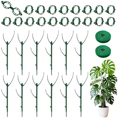12 Pack Stackable Monstera Plant Support Poles with 20 Clips, 2 Roll Tie