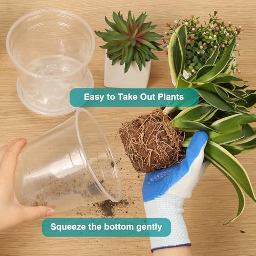 OUPSAUI 8 Inch Clear Nursery Pots with Drainage and Saucer, 5 Pack Large Plastic Pots for Plant, Seedling Starter Pot, Garden Pots for Succulents Flower Vegetables Herb - size: 8 Inch