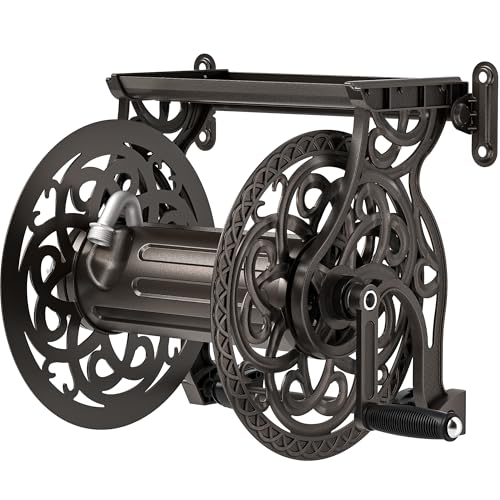 Garden Hose Reel Wall Mount Metal, Holds 125 ft x 5/8" Decorative Water Hose Holder for Outside Storage, Heavy Duty Aluminum Frame w/Shelf, No-Leak Aluminum Water System, Easy Assmbly, Dark Bronze