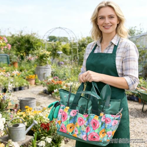 Waterproof Garden Tool Bag, 600D Oxford Portable Gardening Tote with Handle & Multi Pockets, Ideal Gifts for Parents Women (Green, Tools Not Included) - color: Green