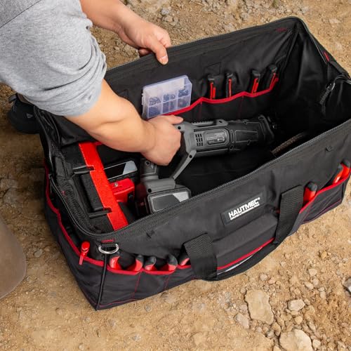HAUTMEC 3-Piece Large Tool Bag Set (12” / 18” / 24”), Heavy-Duty 1680D Wide Mouth Tool Bag with Metal Frame, Foldable Tool Tote Bag with Non-Slip Base, Double Zippers & Padded Shoulder Strap – HT0297 - style: 3-Piece Set | 12"/18"/24"