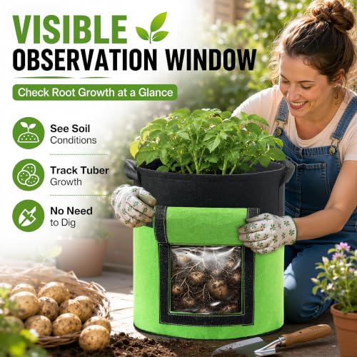 5-Pack 7 Gallon Potato Grow Bags with Harvest Window & Visible Window, Thick Nonwoven Fabric Planter Pots with Handles, Reusable Garden Bags for Potatoes, Carrot, Onion, Tomatoes and Vegetables