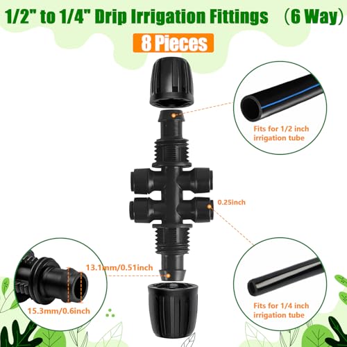 1/2 Inch To 1/4 Inch Drip Irrigation Fittings, 8 Pack Push-to-Fit 1/2" (1/2" ID x 0.65" OD) to 1/4" Drip Line Reducing Tee 1/2" x 1/4" 6 Way Splitter Connectors for Garden Irrigation System - size: 1/2" to 1/4" Drip Fittings