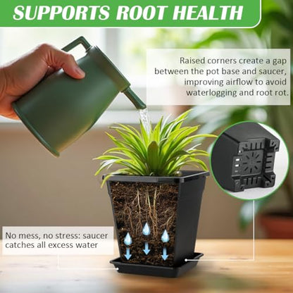 BTPLASTIK Square Plastic Planter 8 Inch, Plant Pots with Drainage Hole & Tray, 10 Pack Modern Decorative Garden Pot with Saucer, 1 Gallon Flower Pots Planters for Indoor Outdoor Plants - size: 8 INCH / 10P