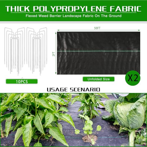 2FT x 100FT Weed Barrier Landscape Fabric Heavy Duty, 3.2oz Premium Gardening Weed Control Mat with 10 U-Shaped Securing Pegs, Ground Cover for Garden Beds, Farming, Underlayment, Commercial Driveway - size: 3.2OZ-2X100FT