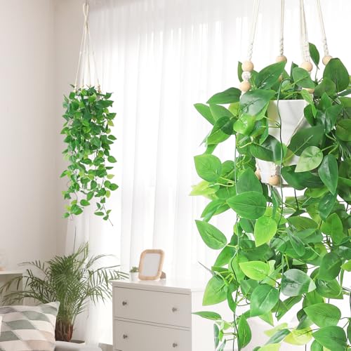 Artificial Hanging Plants with Boho Macrame Plant Hanger - Fake Ivy Vines in Pot for Wall, Bedroom Home Faux Greenery for Indoor Outdoor Decor (1 Pack)
