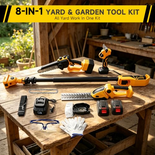 8-in-1 Cordless Pole Chainsaw, Hedge Trimmer, SK5 Pruning Shears Combo