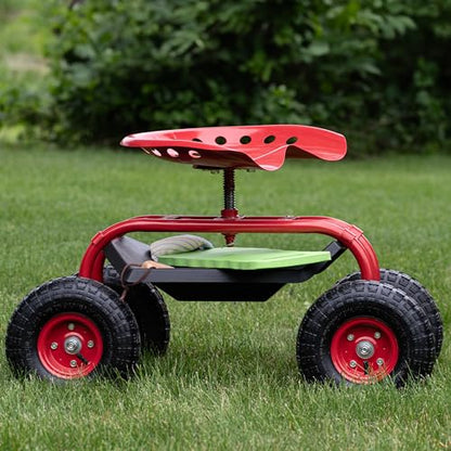 Sunnydaze Rolling Garden Cart with Swivel Seat and Storage, Red - color: Red