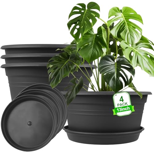 Large Flower Pots Set of 4 Pack 13 inch, Shallow Planter with Drainage Hole - color: Dark Gray, size: 13 Inch - 4Pack