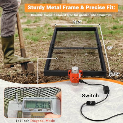Soil Sifter with 40W Motor, Metal Sifter for Rocks with Switch & Noise-Reducing Rubber Pads, Automatic 39" x 19.5" Large Compost Screen Sieve for Sand-Idea for Most Wheelbarrow Carts (Not Included)