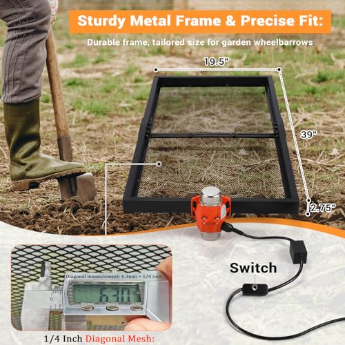 Soil Sifter with 40W Motor, Metal Sifter for Rocks with Switch & Noise-Reducing Rubber Pads, Automatic 39" x 19.5" Large Compost Screen Sieve for Sand-Idea for Most Wheelbarrow Carts (Not Included)