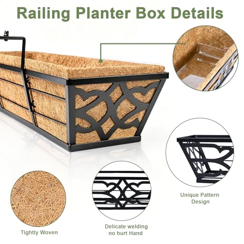 2 Pack 24 Inch Railing Planter Boxes with PET Water Storage Tray & Coco Liner, Window Boxes Planters for Deck Railing, Metal Hanging Flower Box for Outdoor Balcony Fence and Patio Garden - size: 24 Inch