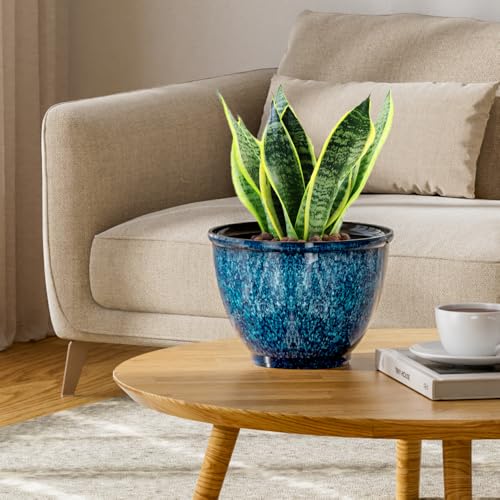 8 Inch Plant Pots Indoor Outdoor, Glazed Plastic Planter with Drainage - color: Blue