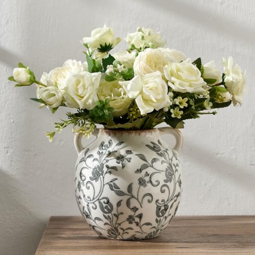 Gray Vintage Antique Vase, 5.6 Inch All Seasons Chinoiserie Floral Vase, Rustic Ceramic Vase for Home Decor, Living Room, Bookshelf, Office, Entryway, Garden, Chinoiserie Decor, Tuscan Decor - color: Gray Chinoiserie Floral- 5.6"