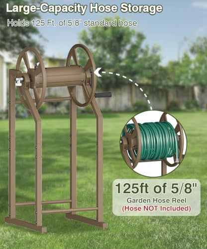 4-Spike Garden Hose Reel with 3.9ft Leader Hose & Stainless Fitting, Outdoor Hose Holder holds 125ft Hose of 5/8", Freestanding Metal Hose Stand for Outside Yard Lawn, Brown - color: Brown