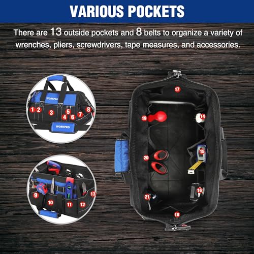 WORKPRO 16-inch Wide Mouth Tool Bag with Water-Proof Molded Base - color: Blue & Black