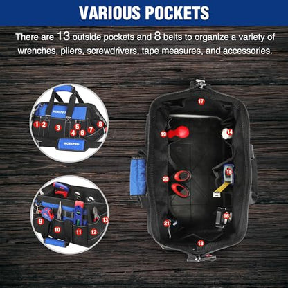 WORKPRO 16-inch Wide Mouth Tool Bag with Water-Proof Molded Base - color: Blue & Black