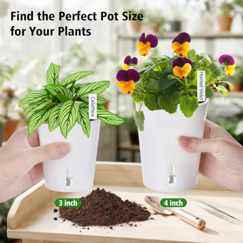 4 Inch Self Watering Pots for Indoor Plants, 10 Pack Clear Nursery Pots with Drainage & Water Level Indicator, Plant Pots for African Violet, Flowers, Herbs - size: 4 Inch
