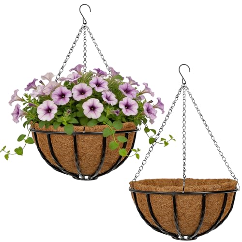 12 Inch Metal Hanging Basket with Coco Coir Liner for Flowers Planting - size: Twisted Bar 12" & 2 Pcs