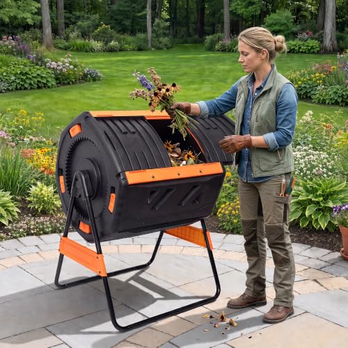 LAUSAINT HOME Dual Chamber Compost Tumbler, 52 Gallon Outdoor Rotating Composter with Sliding Doors for Garden Waste, Kitchen Scraps & Yard Debris, Black and Orange - size: 52 gallon