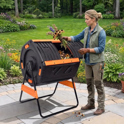 LAUSAINT HOME Dual Chamber Compost Tumbler, 52 Gallon Outdoor Rotating Composter with Sliding Doors for Garden Waste, Kitchen Scraps & Yard Debris, Black and Orange - size: 52 gallon