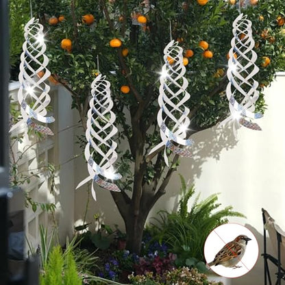 Spiral Reflective Bird Repellent Device 4Pcs, 17.8 Inch Silver Bird Deterrent Hanging Ornament, Wind-Activated Rotating Reflector, for Garden, Yard, and Balcony Window Bird Control