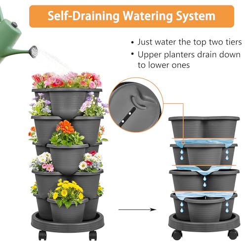 VECELO 5 Tier Vertical Garden Planter, Self Watering Stackable Planters with Wheels for Strawberries, Herbs, Flowers, Vegetables, Dark Gray - color: Dark Gray, size: 5 Tier