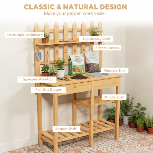 Outdoor Potting Bench, Wooden Potting Table with Built-in Sink